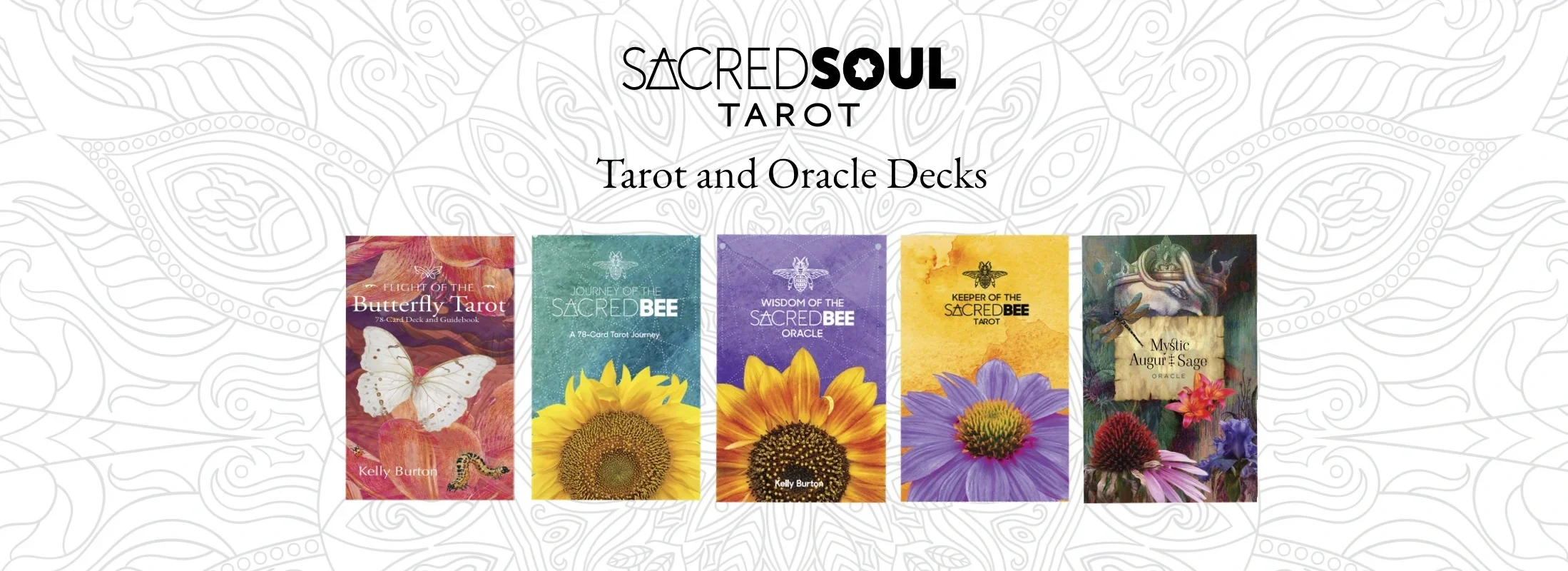 five tarot and oracle card decks displayed in a row, including Butterfly Tarot, Sacred Bee Tarot, Wisdom of the Sacred Bee Oracle, Keeper of the Sacred Bee Tarot, and Mystic Augur Sage Oracle, with a decorative background.