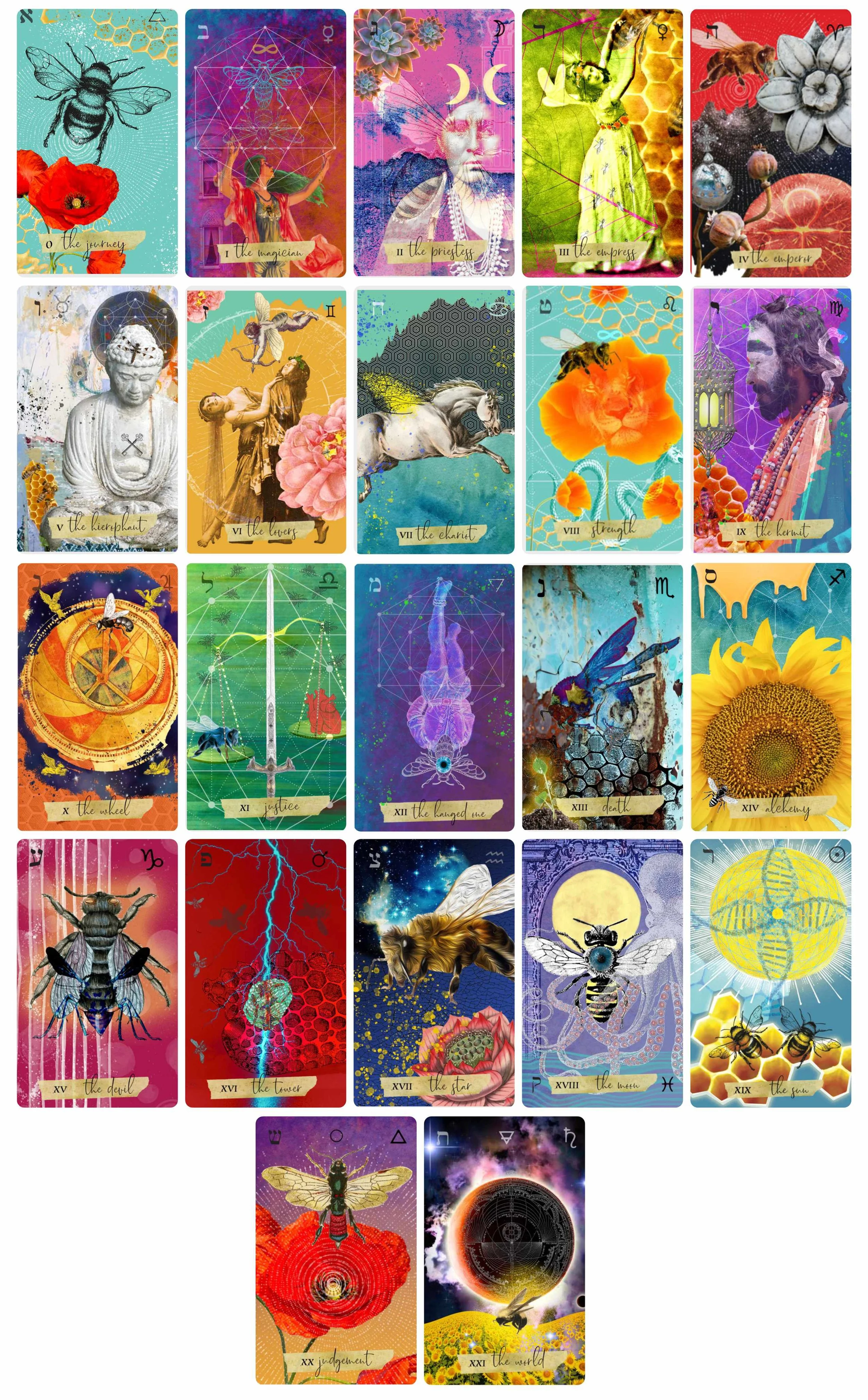 A collage of 22 artistic and colorful tarot cards, each featuring symbolic imagery and titles such as "the journey," "the magician," "the priestess," and "the universe," among others, blending celestial, botanical, and mystical themes.