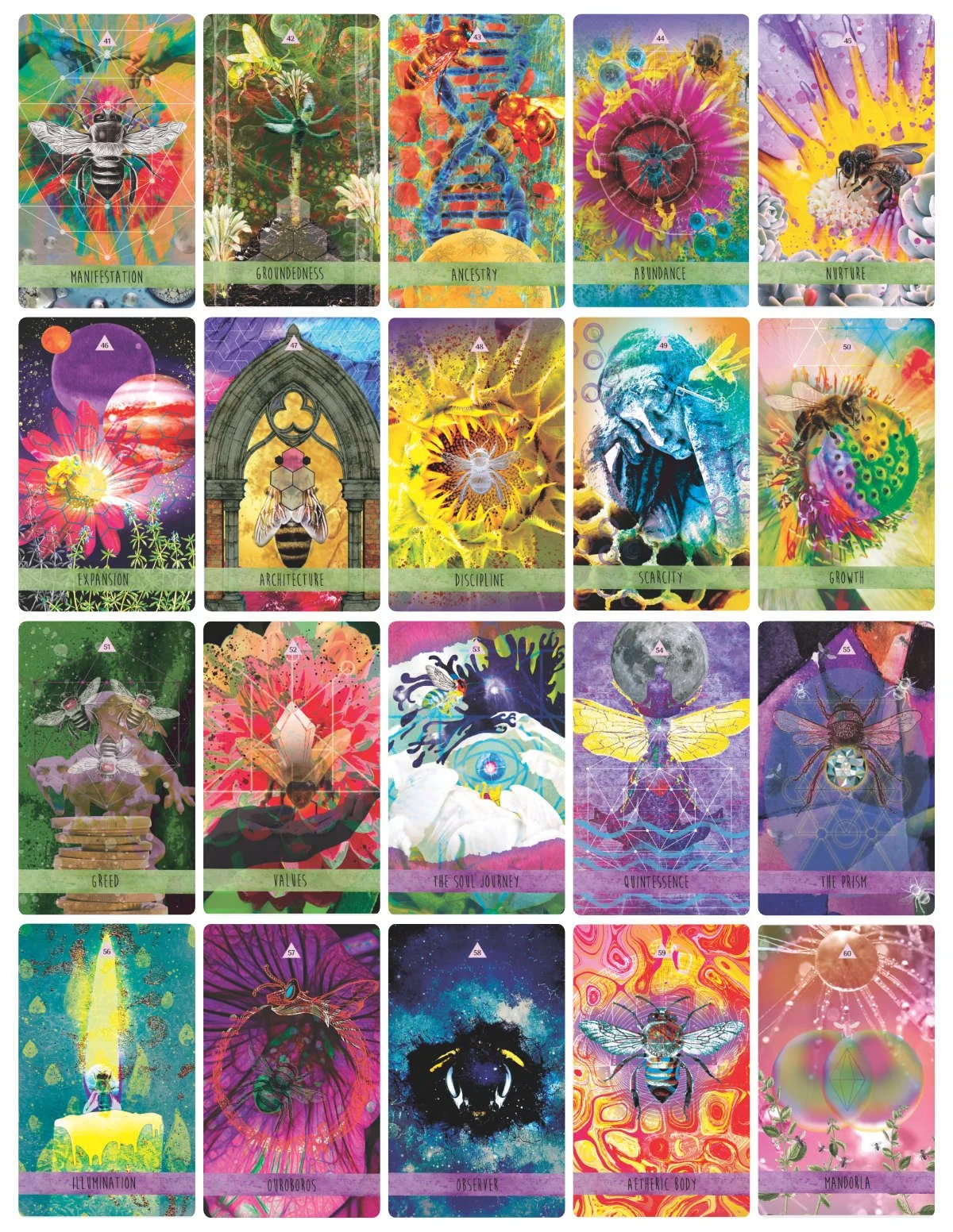 Colorful collage of spiritual and nature-inspired illustrations, each labeled with themes like manifestation, groundedness, ancestry, abundance, nurture, expansion, architecture, discipline, scarcity, growth, greed, values, the soul journey, quintessence, the prism, illumination, ombroos, observer, etheric body, and mandorla.