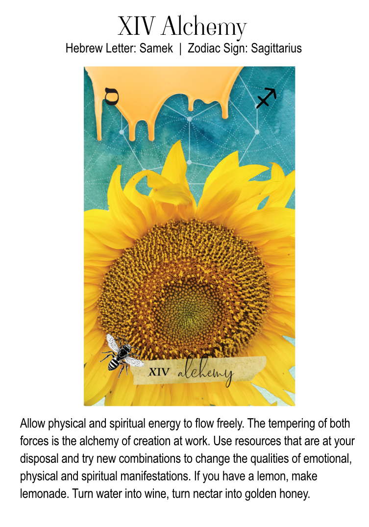 The fourteenth card of the major arcana is usually Temperance. This card is called Alchemy featuring a sunflower, a bee, and the zodiac sign Sagittarius, with text references.