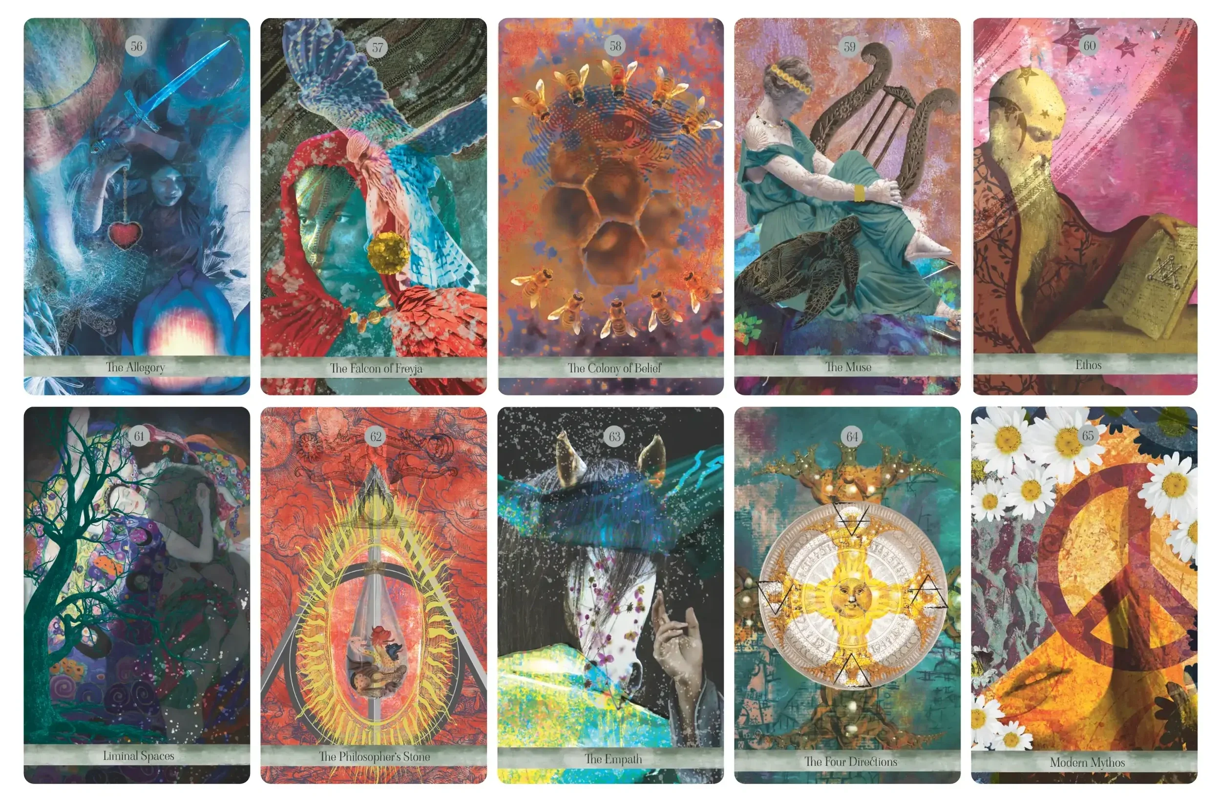 Collage of ten artistic tarot or oracle card illustrations, each with unique symbolic imagery and vibrant colors, labeled from top to bottom, left to right: 1) The Allegory, 2) The Falcon of Freyja, 3) The Colony of Belief, 4) The Muse, 5) Ethos, 6) Liminal Spaces, 7) The Philosopher's Stone, 8) The Empath, 9) The Four Directions, 10) Modern Myths.
