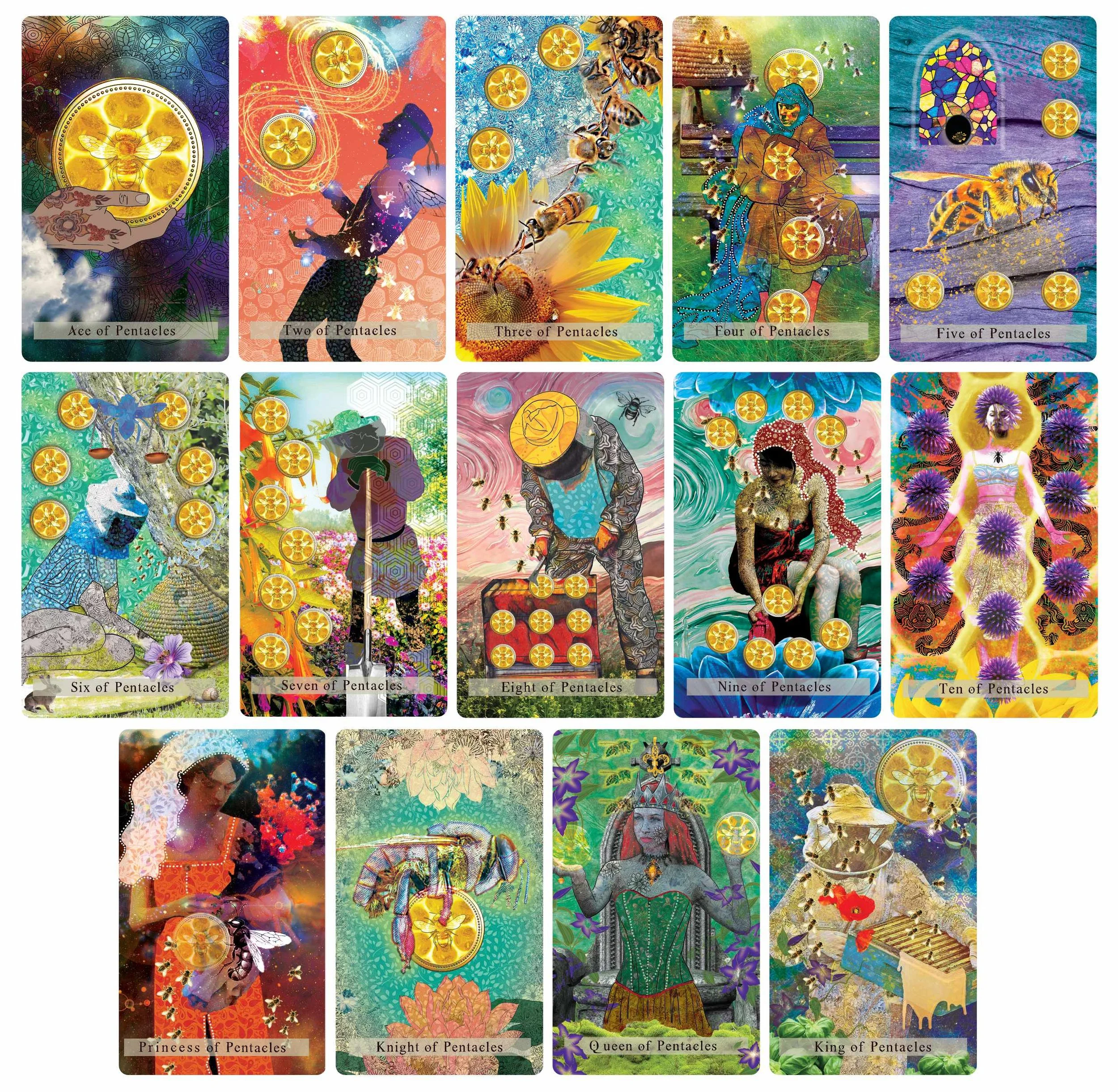 Collection of tarot cards depicting the Pentacles suit, with various artwork and numbers from Ace to King, featuring women, bees, and nature themes.