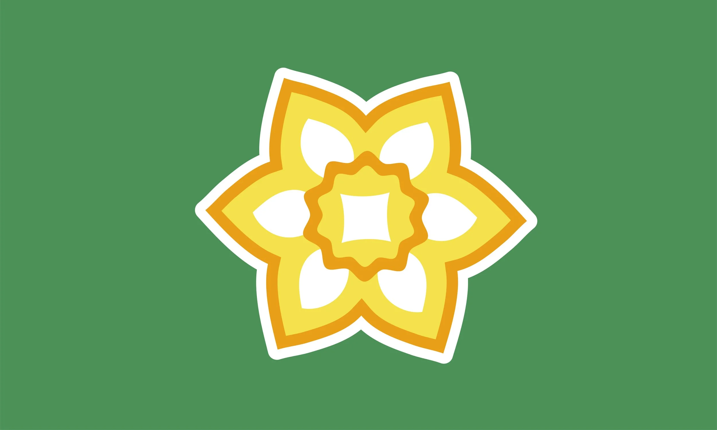 A flag with a large green field and illustrated daffodil in the center in shades of yellow, orange, and white