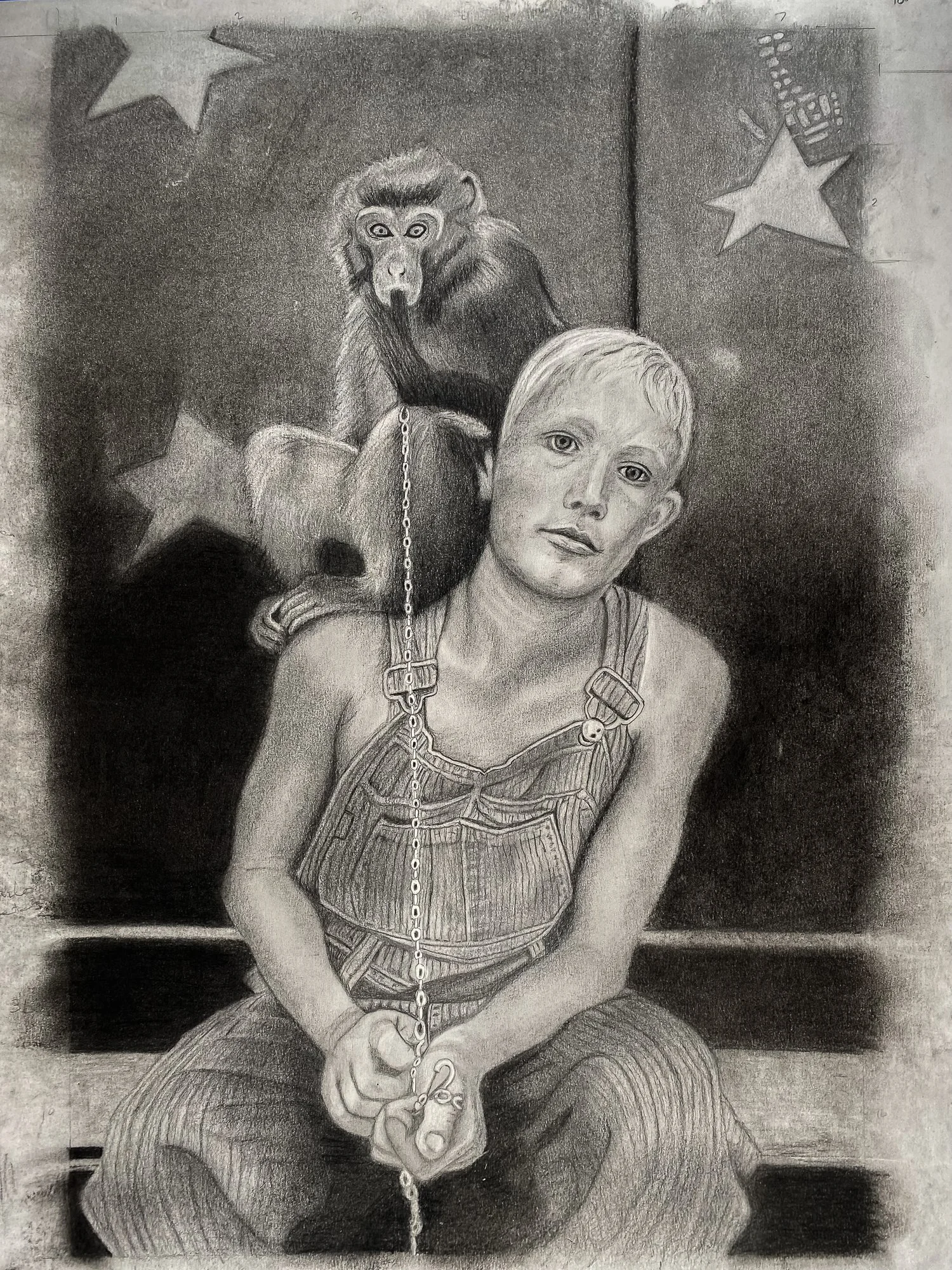 20x24 graphite, CIRCUS BOY WITH MONKEY, based on Steve McMurry's photograph, Tashkent, Uzbekistan, 2005