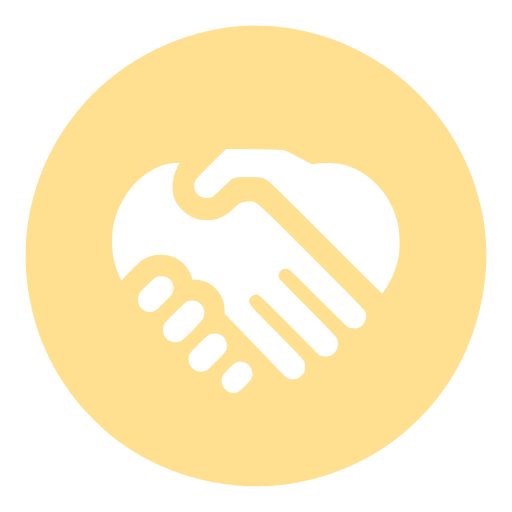 Icon of a handshake inside a yellow circle, representing agreement or partnership.