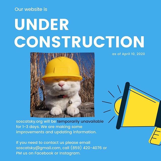 🚧 Attention 🚧 Our website will be temporarily unavailable for 1-3 days. We are making some improvements and updating information.
.
If you need to contact us please email soscatsky@gmail.com, call (859) 420-4076 or PM us on Facebook or Instagram. T