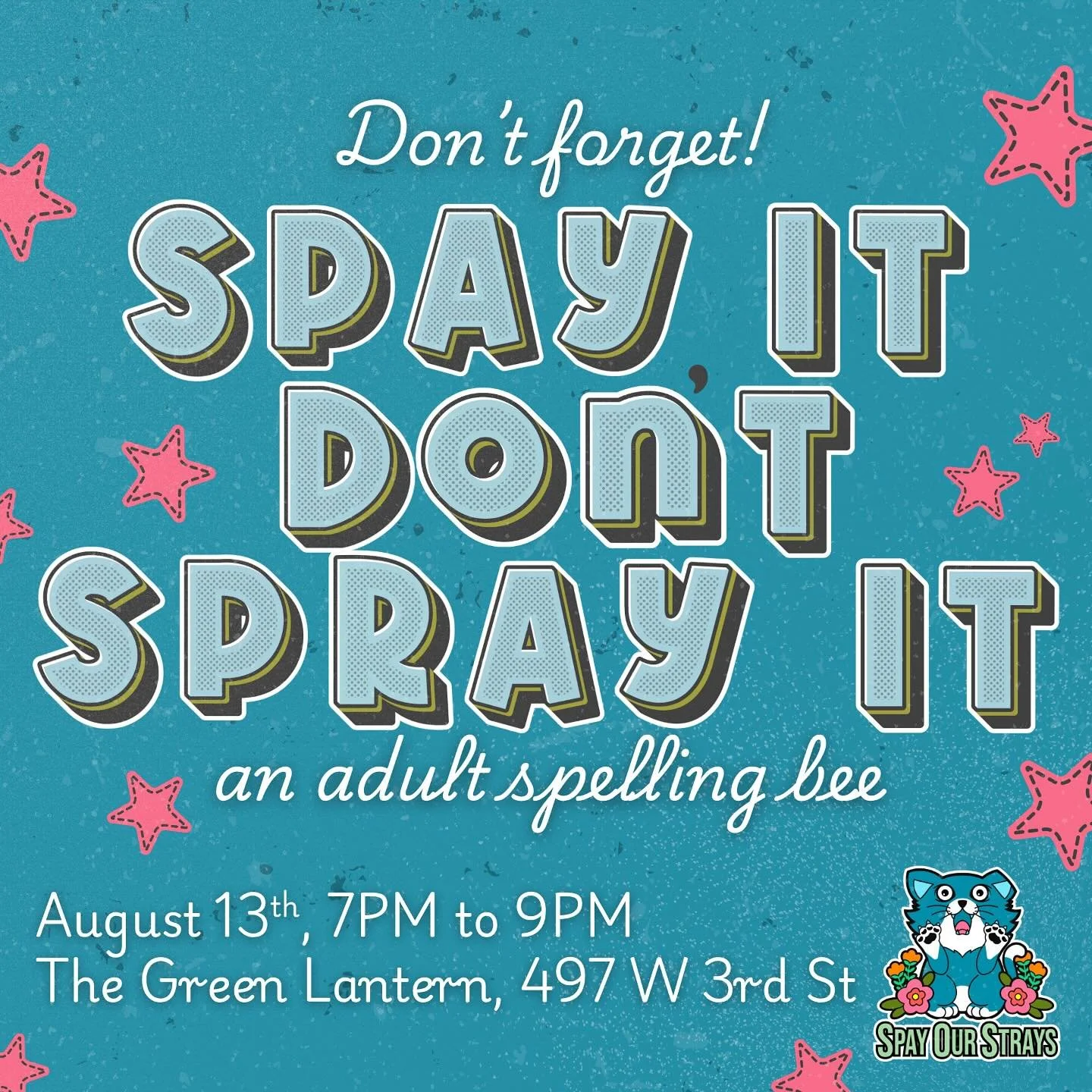 Don&rsquo;t forget to join us this Wednesday for our first ever adult spelling bee!

Date: Wednesday, August 13th
Time: 7:00PM (Registration begins at 6:30PM &ndash; please arrive by 6:45PM!)
Location: The Green Lantern
Registration fee: $15/person
P