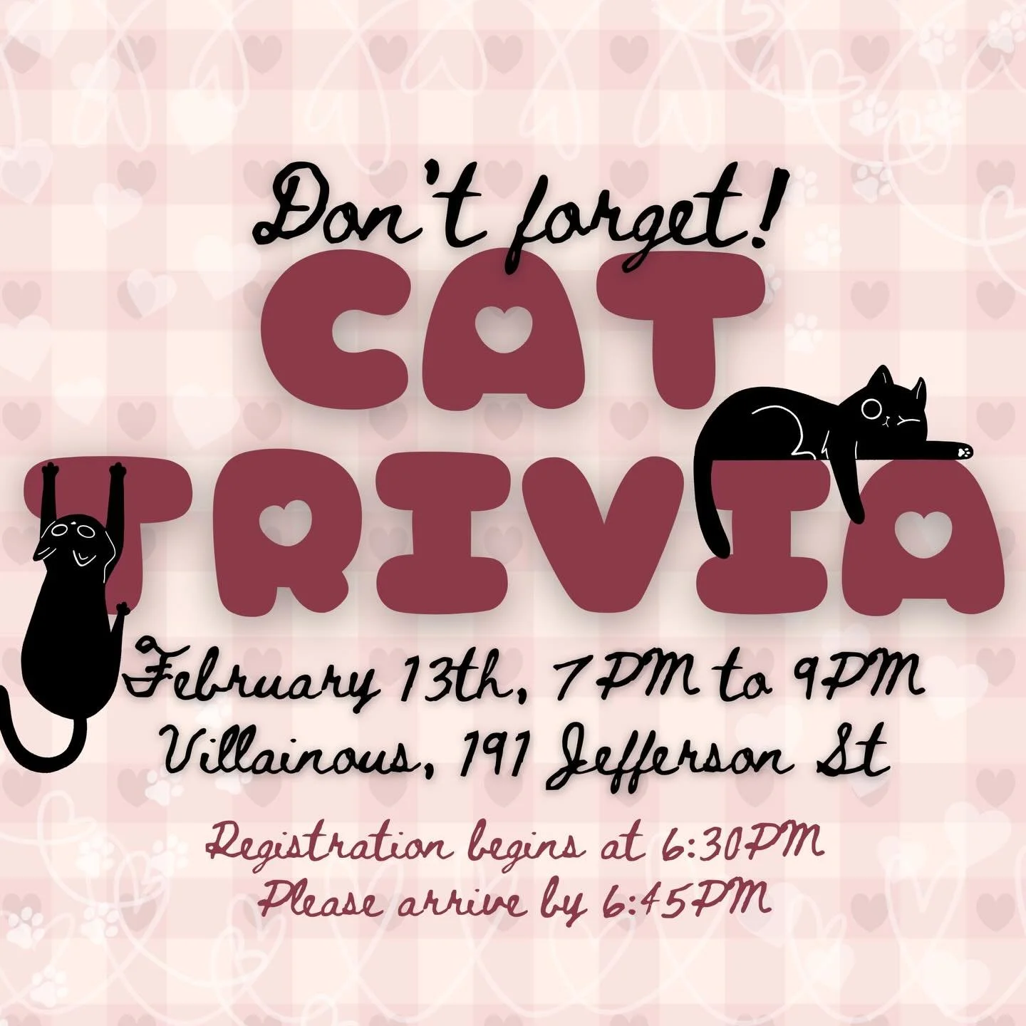 Don&rsquo;t forget to join us tomorrow at @villainous.lexington for our 3rd annual Valentine&rsquo;s Day Cat Trivia! We&rsquo;ve got some excellent prizes on hand and can&rsquo;t wait to see you all there. All ages are welcome! 💗🐾