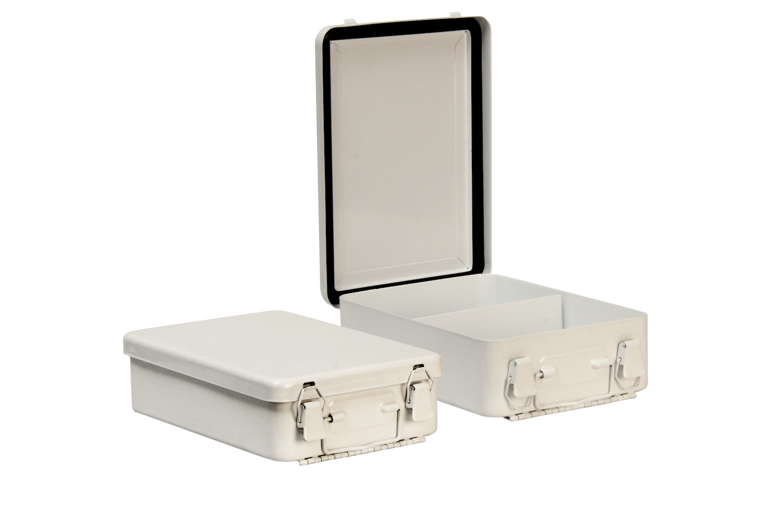 #16 Unit First Aid Kit / Vertical With Partition Inside dimensions 6 3/8 x 9 1/8 x 2 3/8" 22 ga steel / individual weight 2 lbs Master carton 16 per / 20 x 29 x 7” / 35 lbs Gloss white powder coating Weather proof gasket