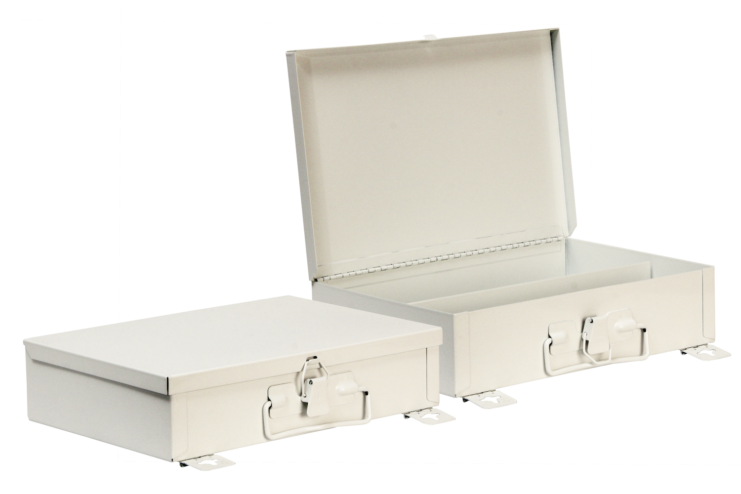 #25 Unit First Aid Kit / Offset Partition Inside dimensions 10 3/8 x 7 5/16 x 2 1/2" 22 ga steel / individual weight 2 lbs Shelf spacing top to bottom—2 3/4", 4 1/2" Master carton 12 per / 12 x 24 x 12” / 26 lbs Gloss white powder coating