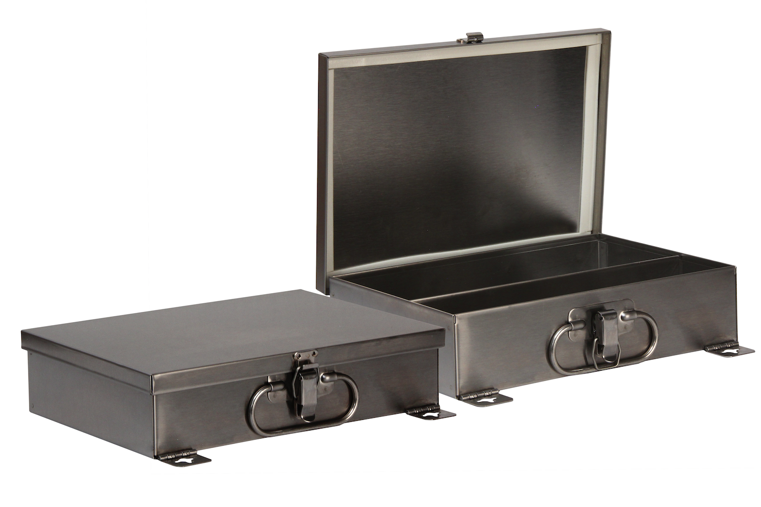 #25 Unit First Aid Kit / Stainless Inside dimensions 10 3/8 x 7 5/16 x 2 1/2" 22 ga stainless steel / individual weight 3 lbs Shelf spacing top to bottom—2 3/4", 4 1/2" Master carton 12 per / 22 x 17 x 12” / 38 lbs Weather proof gasket (optional)