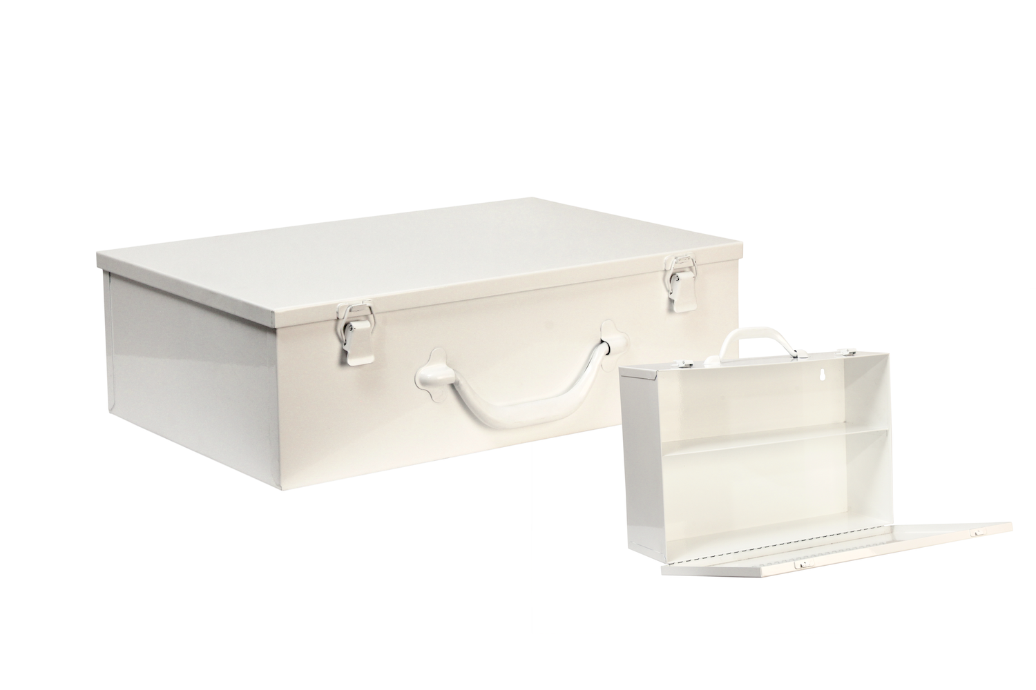 #126 Unit First Aid Cabinet (2 Shelf) Hinge on Bottom / Swing-down Door Inside dimensions 14 7/8 x 10 x 4 5/8“ Top shelf spacing 4 1/2” 20/22 ga steel / individual weight 8 lbs Individual carton Max QTY per 40 x 48” pallet—108 Gloss white powder coating