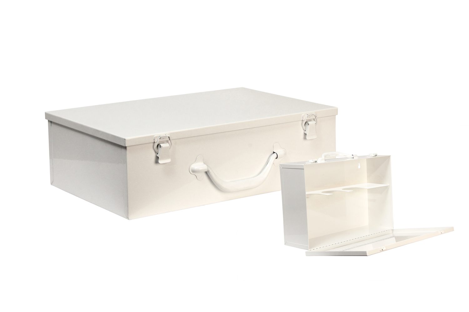 #126 Eye & Skin Cabinet (2 Shelf) Hinge on Bottom / Swing-down Door Inside dimensions 14 7/8 x 10 x 4 5/8“ Top shelf spacing 4 1/2” 20/22 ga steel / individual weight 8 lbs Individual carton Max QTY per 40 x 48” pallet—108 Gloss white powder coating