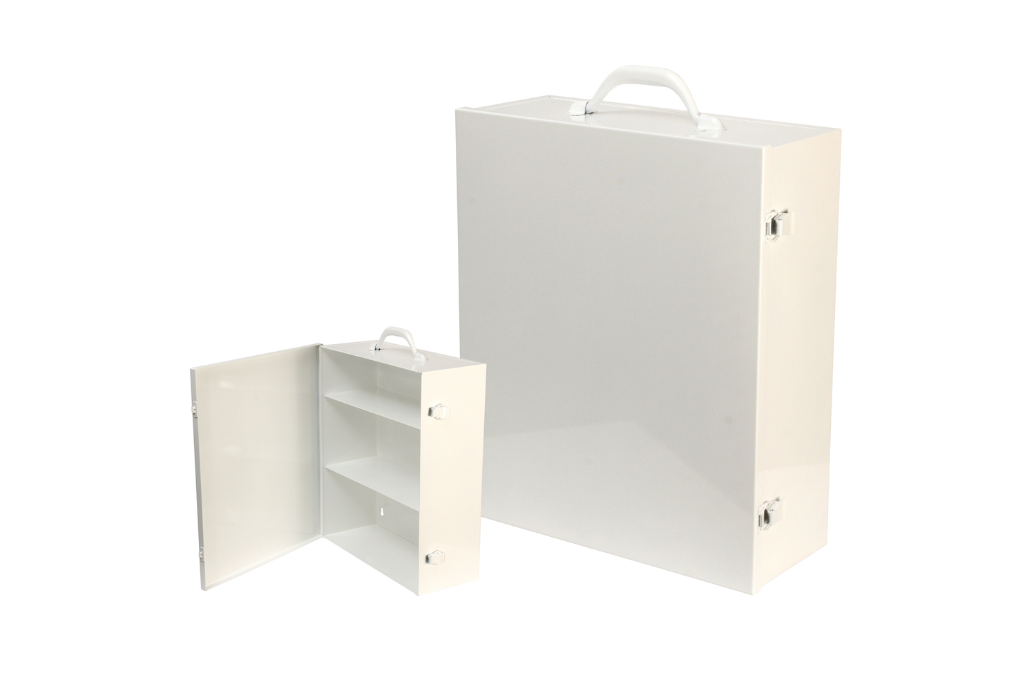 #151 First Aid Cabinet (3 Shelf) Inside dimensions 13 1/2 x 16 x 5 1/2“ Shelf spacing top to bottom 4"—6"—6 1/8" 20/22 ga steel / individual weight 10 1/2 lbs Individual carton Max QTY per 40 x 48” pallet—66 Gloss white powder coating