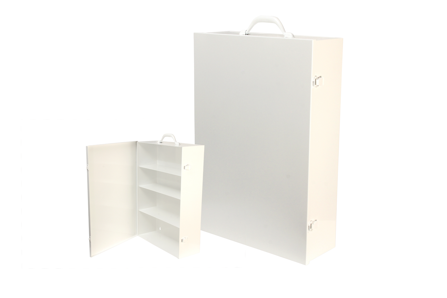 #156 First Aid Cabinet (4 Shelf) Inside dimensions 14 7/8 x 21 3/4 x 5 1/2“ Shelf spacing top to bottom 5 3/8"—4 1/2"—5 3/4"—6 1/8" 20/22 ga steel / individual weight 14 1/2 lbs Individual carton Max QTY per 40 x 48” pallet—44 Gloss white powder coating