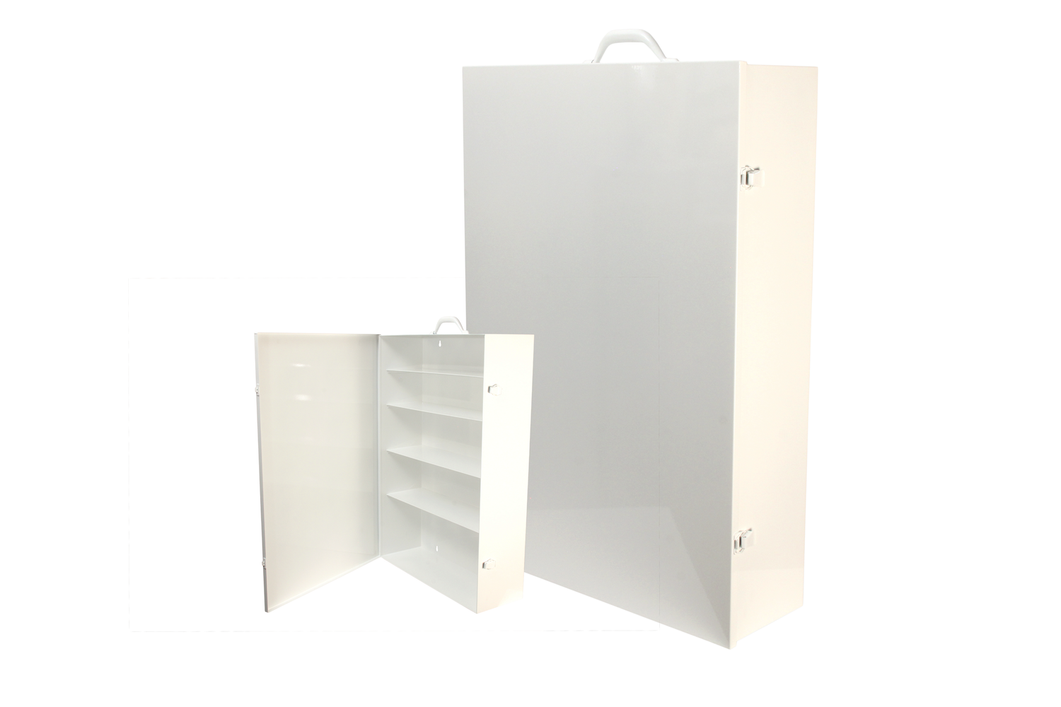 #181 First Aid Cabinet (5 Shelf) Inside dimensions 19 x 27 3/4 x 6 1/2“ Shelf spacing top to bottom 4"—4 1/4"—5 3/4"—5 3/4"—8" Individual weight 27 lbs 20 ga steel / individual carton Max QTY per 40 x 48” pallet—16 Gloss white powder coating
