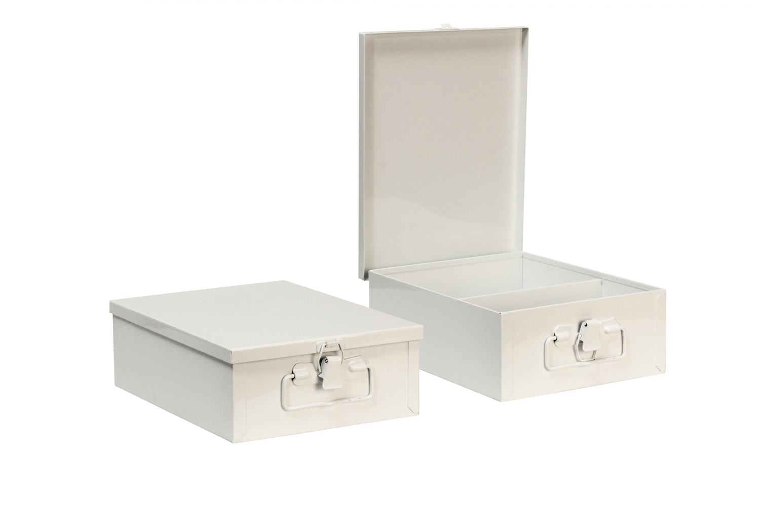#116 Small Kit (2 Shelf) Inside dimensions 9 3/4 x 7 1/2 x 3 5/16" 22 ga steel / individual weight 3 1/2 lbs Shelf spacing top to bottom—4", 5 3/4" Master carton 13 per / 45 lbs Gloss white powder coating