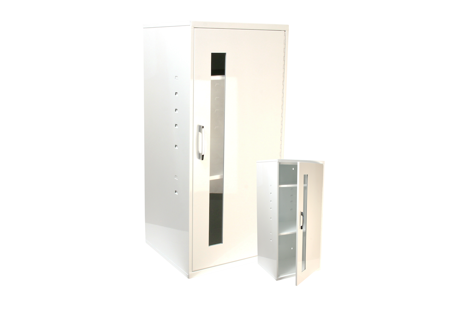 Universal Storage Cabinet Inside dimensions 13 3/4 x 30 x 12 7/8" 20 ga steel / individual weight 27 lbs Individual carton Maximum QTY per 40 x 48" pallet—22 Gloss white powder coating Two shelves / window / pull handle included