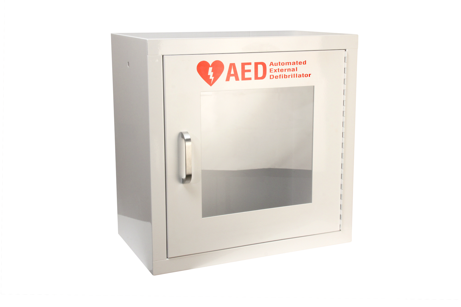 #140 AED Alarm Cabinet Outside dimensions 20 x 20 x 12" 20 ga steel / individual weight 24 lbs Acrylic window 11 x 11 x 1/8" Individual carton Max QTY per 40 x 48” pallet—15 Gloss white powder coating Window / pull handle / alarm+battery included