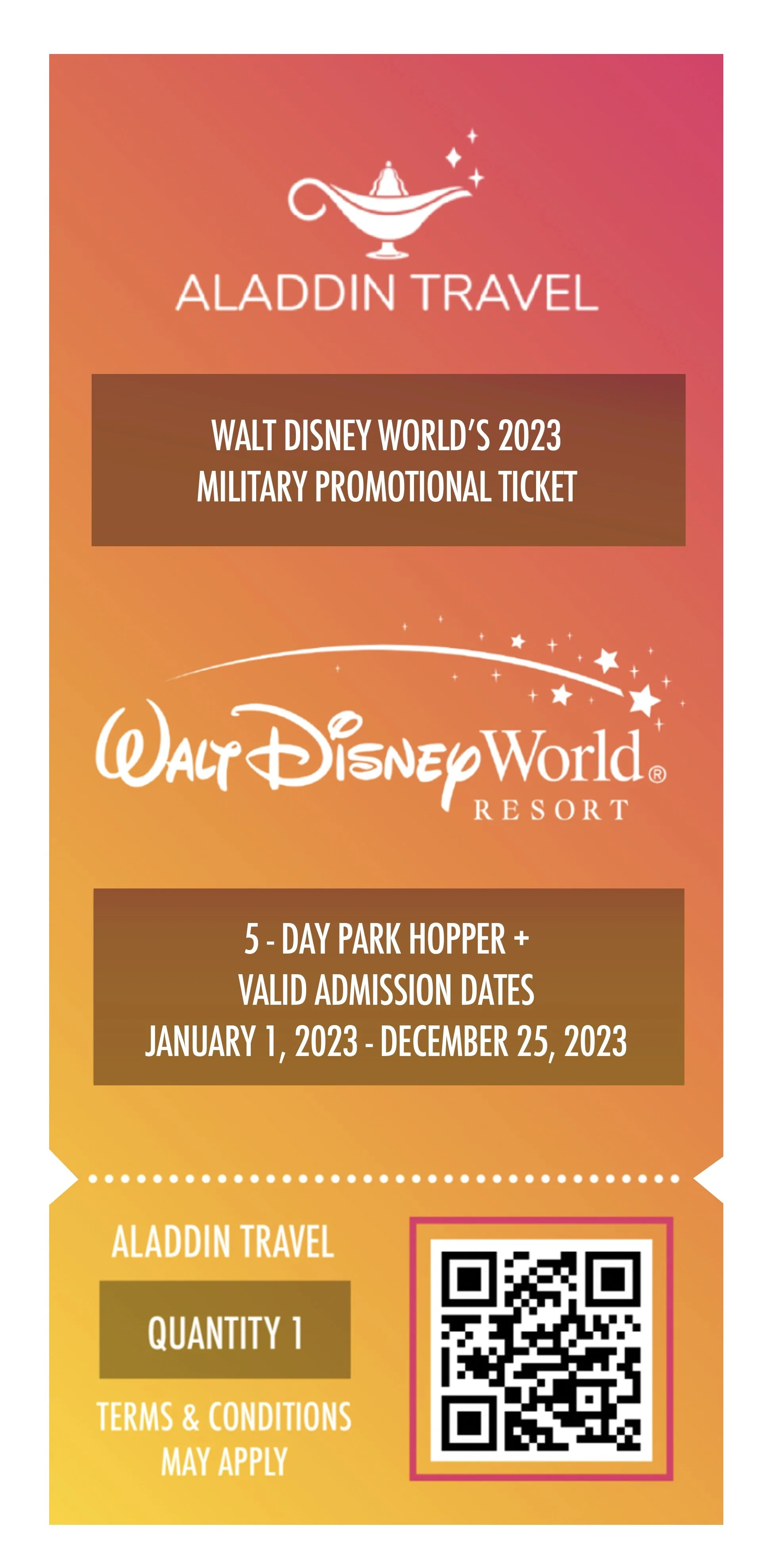 Walt Disney World Resort Military Promotional Tickets 2024 Ages 3+ (EXP 12/20/2024)