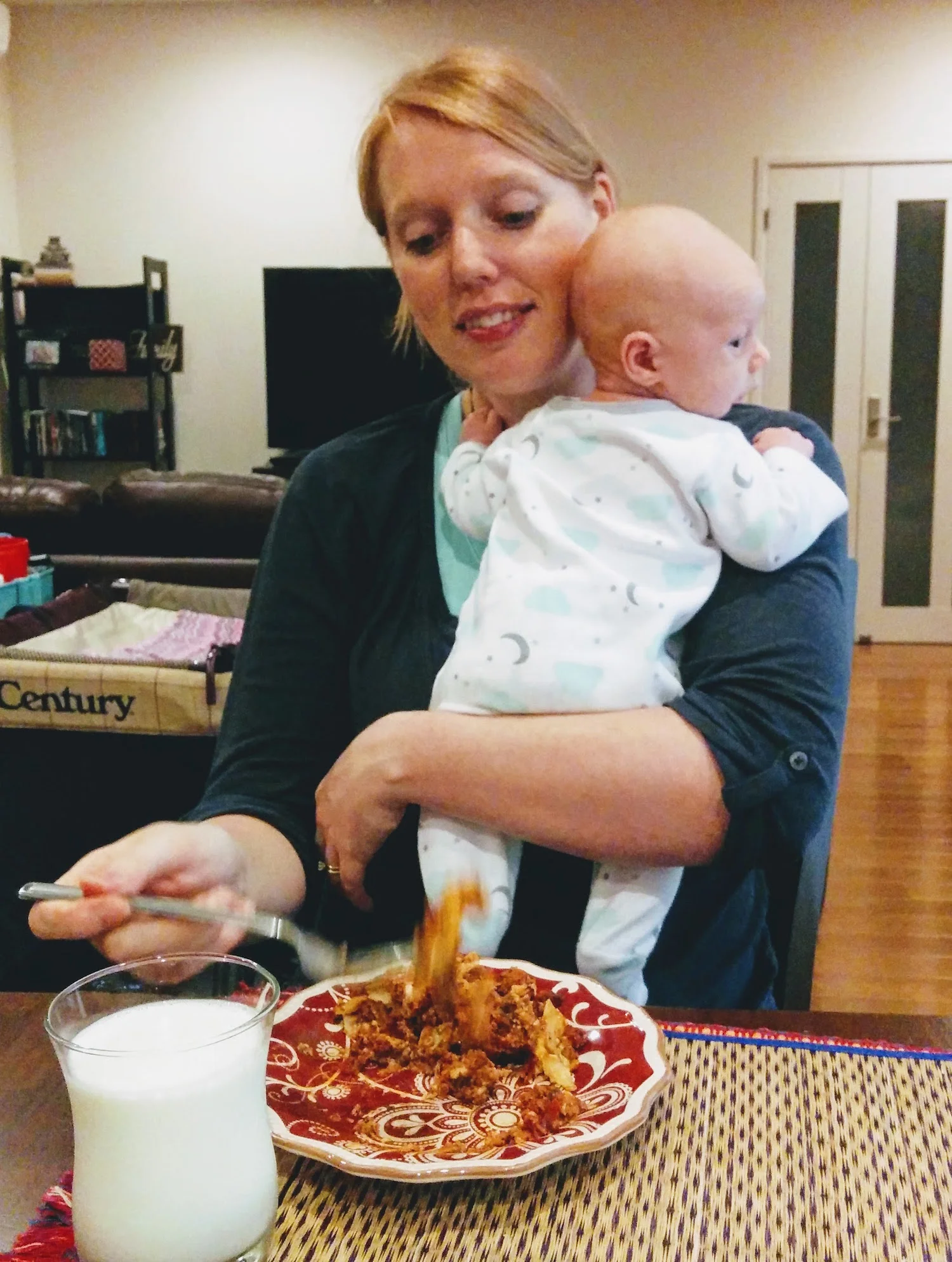 Just trying not to spill on the baby...