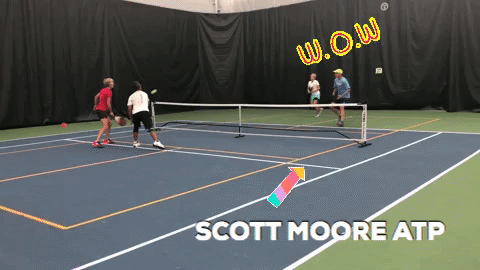 Elite players don’t quit when the ball touches the net. Check out how Scott Moore reacts to the change in direction when his opponents’ ball kisses the net cord and gets sent out wide.