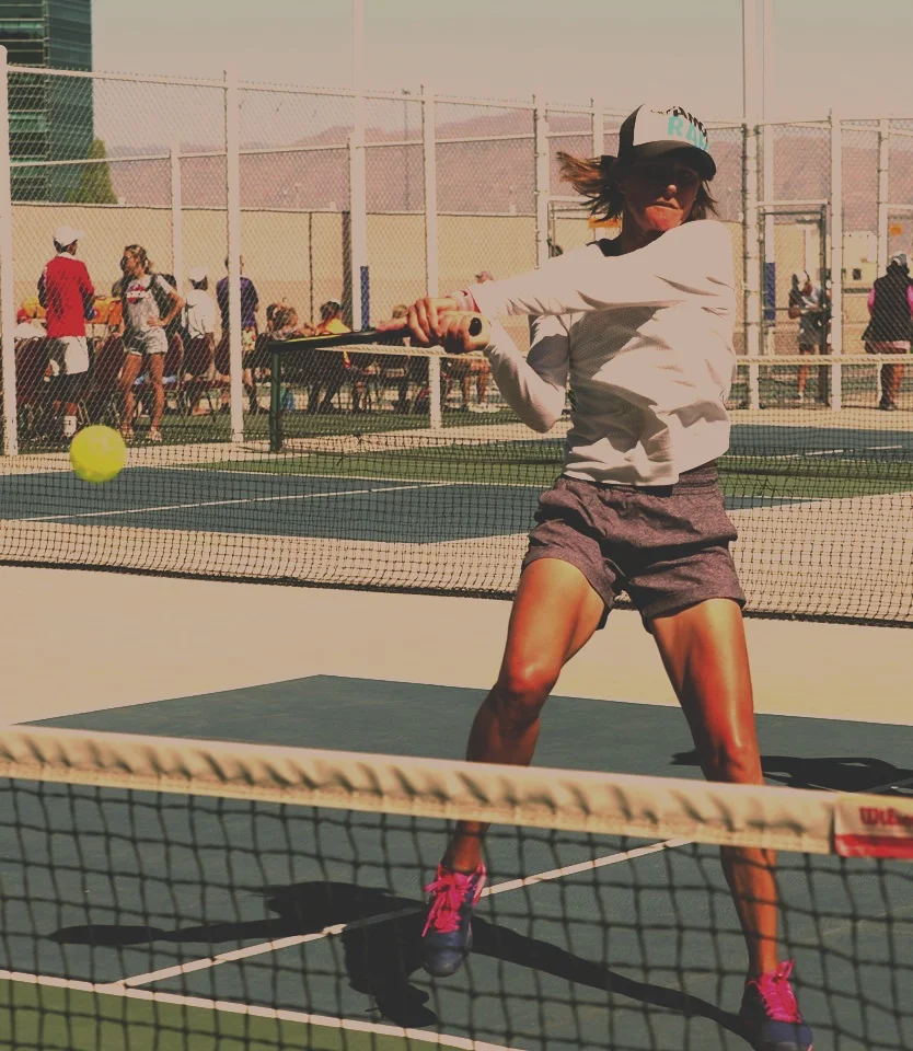 Irina Tereschenko putting away a backhand volley. Photo courtesy ProPickleball.