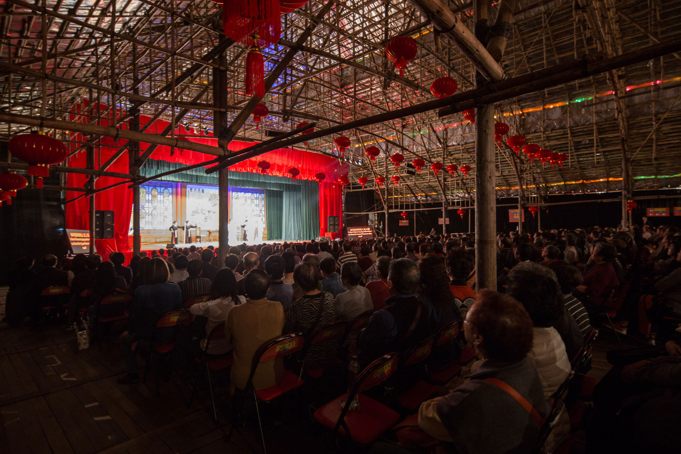 The construction was entirely sustainable. The structure was erected for 2 weeks and taken down. All bamboo members were recycled and reused for other scaffolding projects.