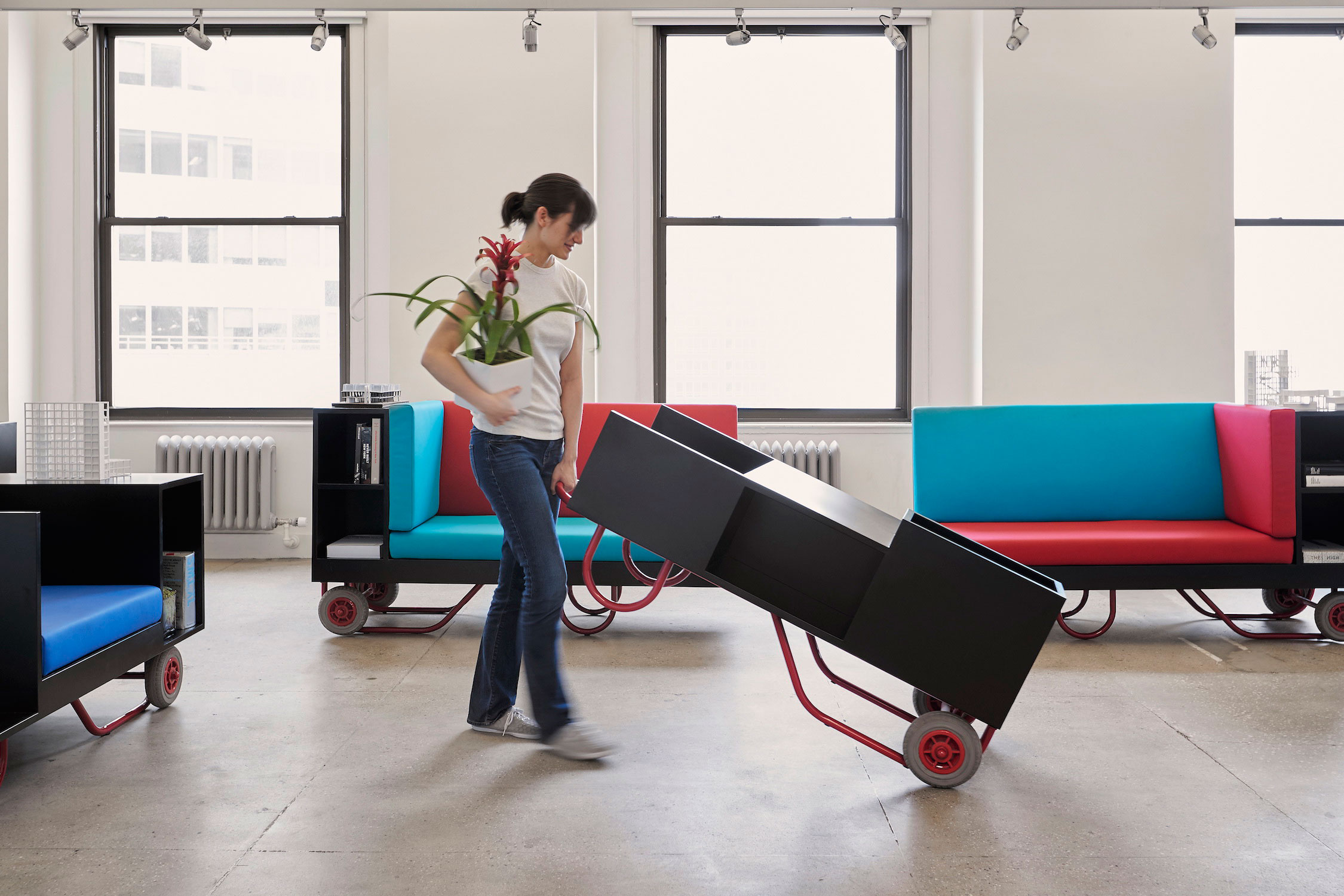 The trolley is uniquely New York and a memory of lower Manhattan, when it was dockyards and loading district. The design concept is to create a series of adaptable furniture with the trolleys.