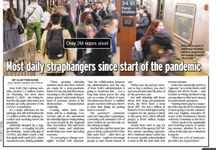 MTA ridership is up! 3.5M riders a day, the most since the start of the pandemic.