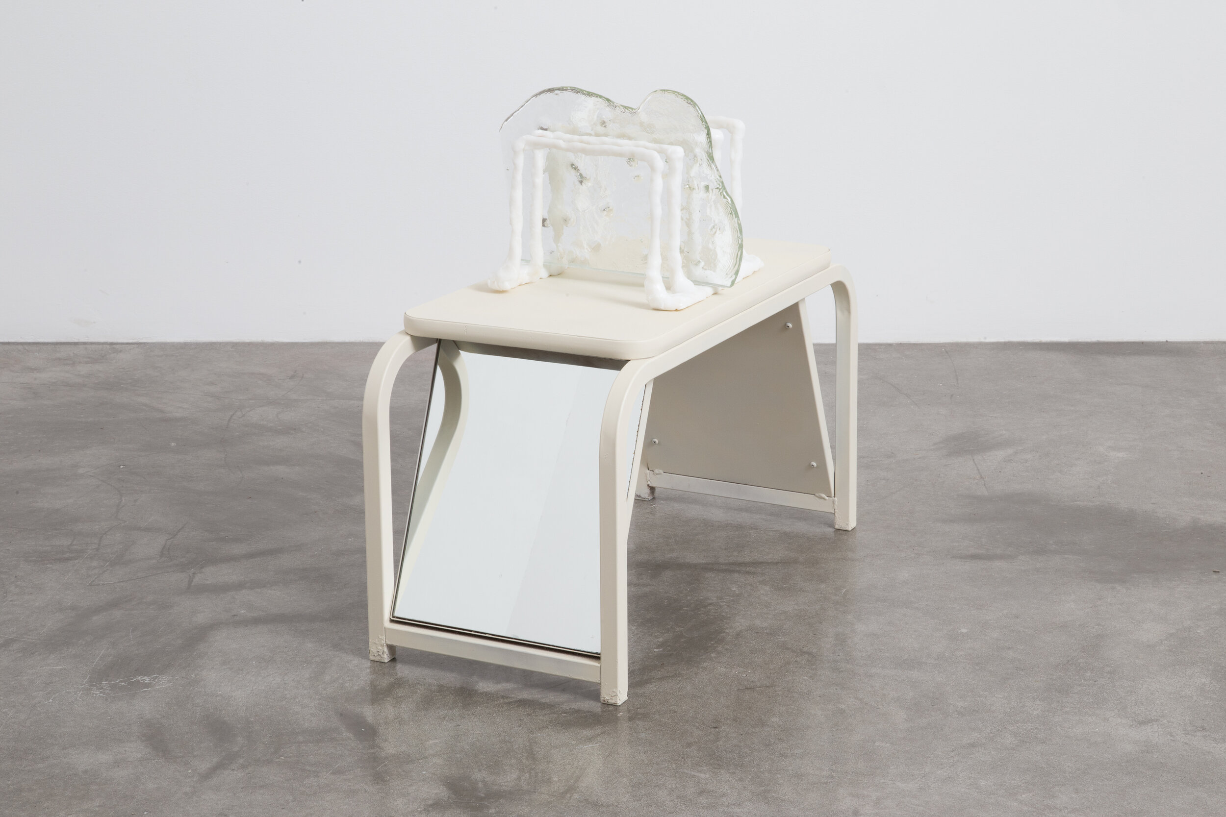  Paper Sorter Prototype, 2019, Plastic, Steel, Glass, Enamel Paint, Shoe Bench, 12 x 24 x 36” 