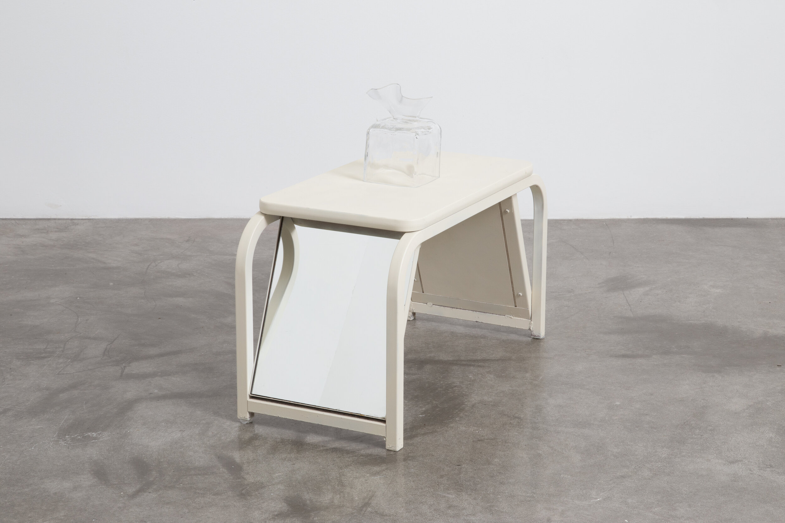  Tissue Box Prototype, 2019, Glass, Enamel Paint, Shoe Bench, 12 x 24 x 36&nbsp;“ 