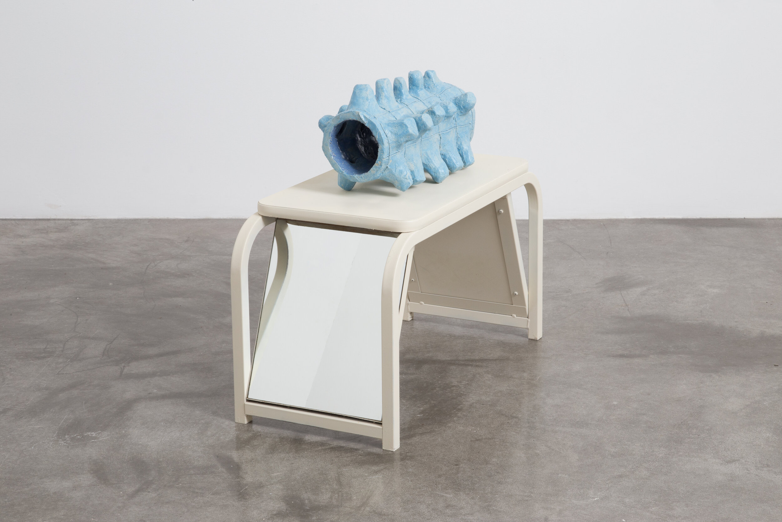  Foam Roller Prototype, 2019, Ceramic, enamel paint, shoe bench, 12&nbsp; x 20 x 20” 