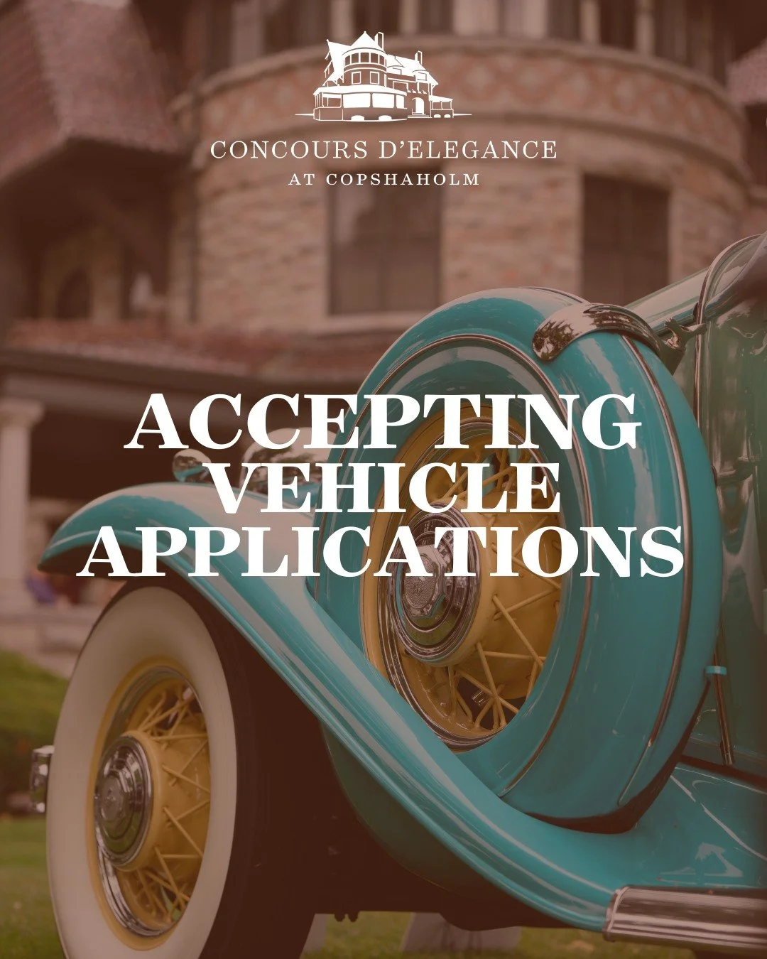 Vehicle application is open for the 2026 Concours d'Elegance at Copshaholm. This year's Concours will be held Saturday, July 11, 2026. For details and the application, you can visit our website via the link in our bio.
