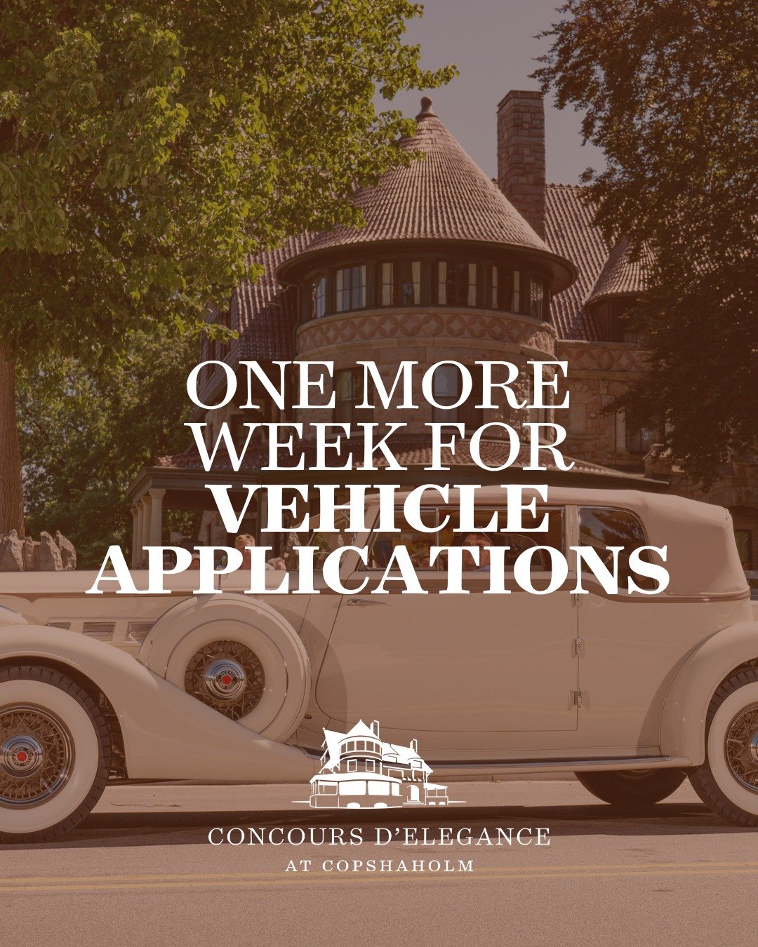 Vehicle application is open for just one more week for the 2026 Concours d'Elegance at Copshaholm. This year's Concours will be held Saturday, July 11, 2026. For additional details and the application, you can visit our website via the link in bio.