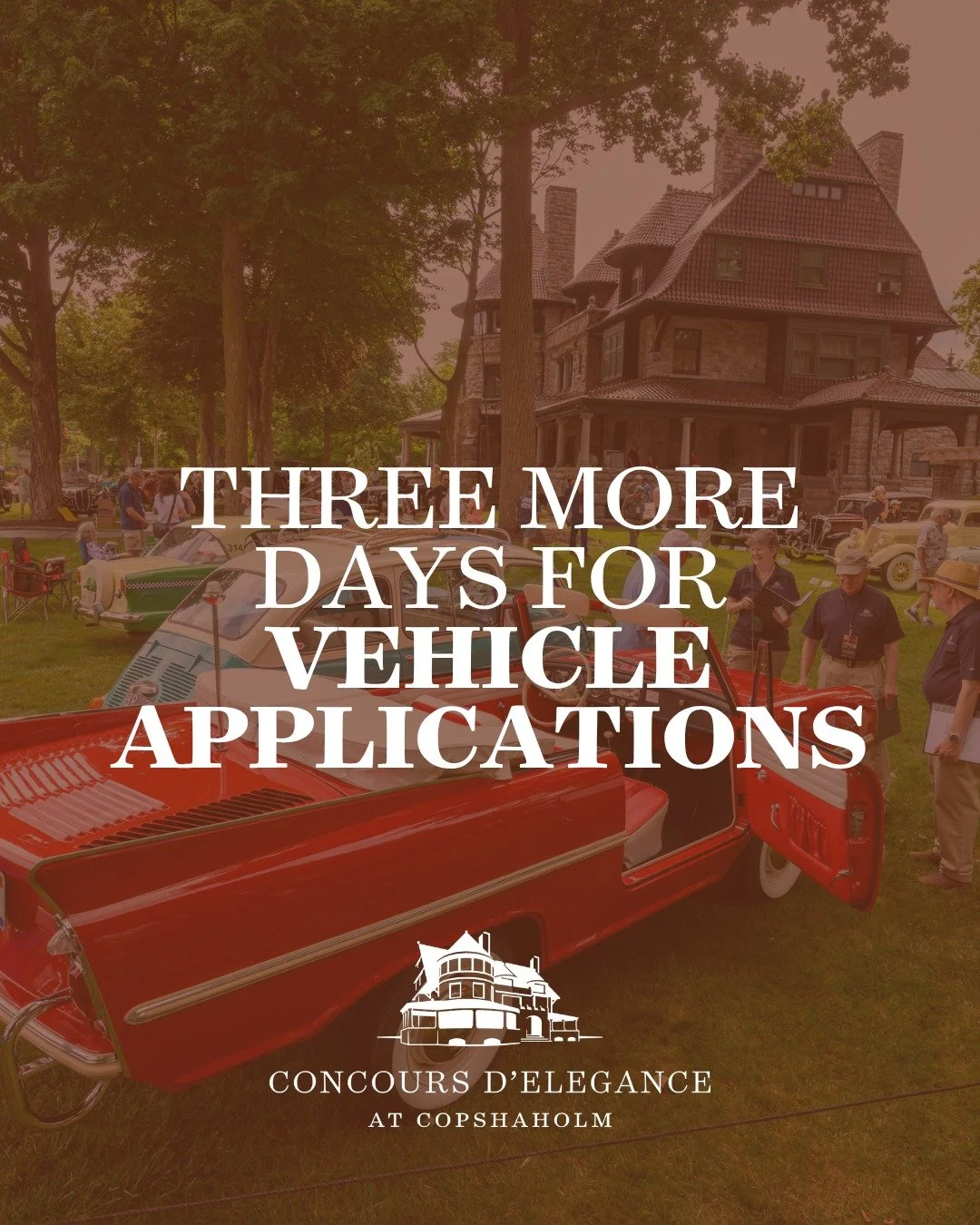 Just three more days to submit vehicle applications for the 2026 Concours d'Elegance at Copshaholm. Read the complete rules and submit on our website at the link in bio.