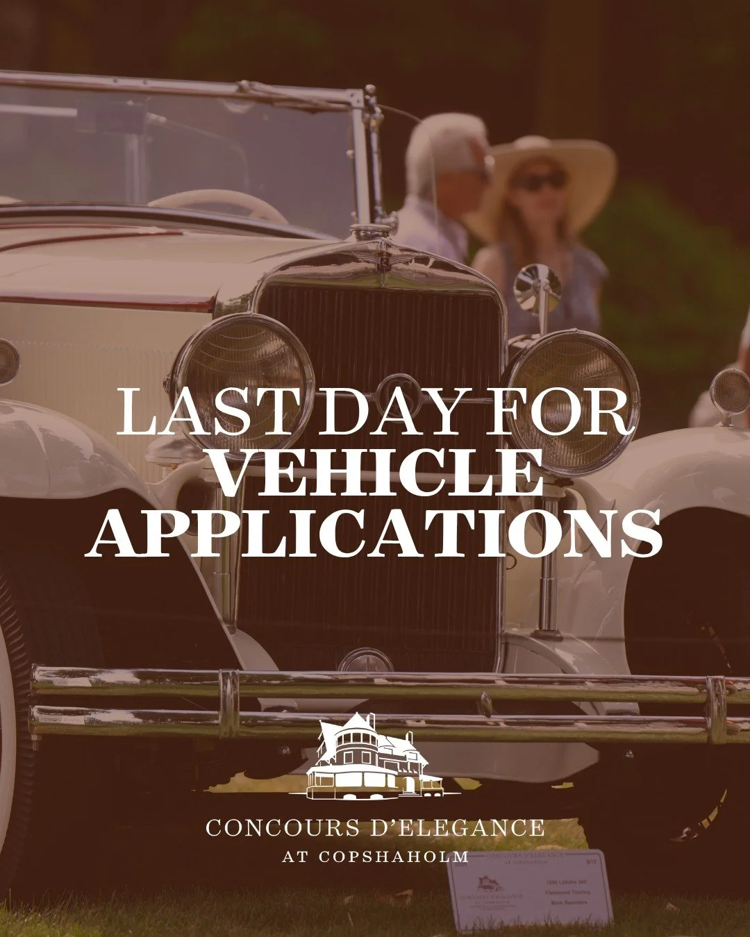 TODAY is the last day to submit a vehicle application for the 2026 Concours d'Elegance at Copshaholm. Read the complete rules and submit your vehicle on our website at the link in bio.