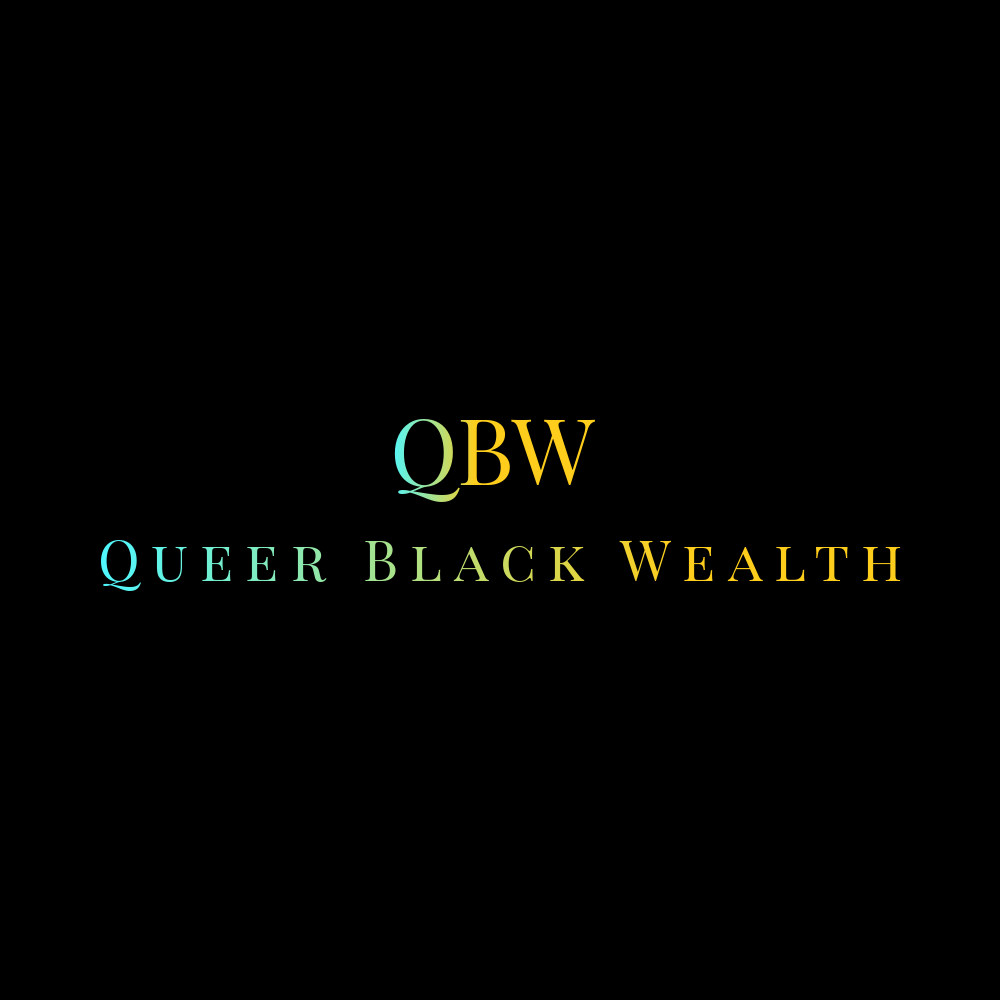 The abbreviation: QBW and below it the words Queer Black Wealth, in a blue-to-green-to-gold gradient font