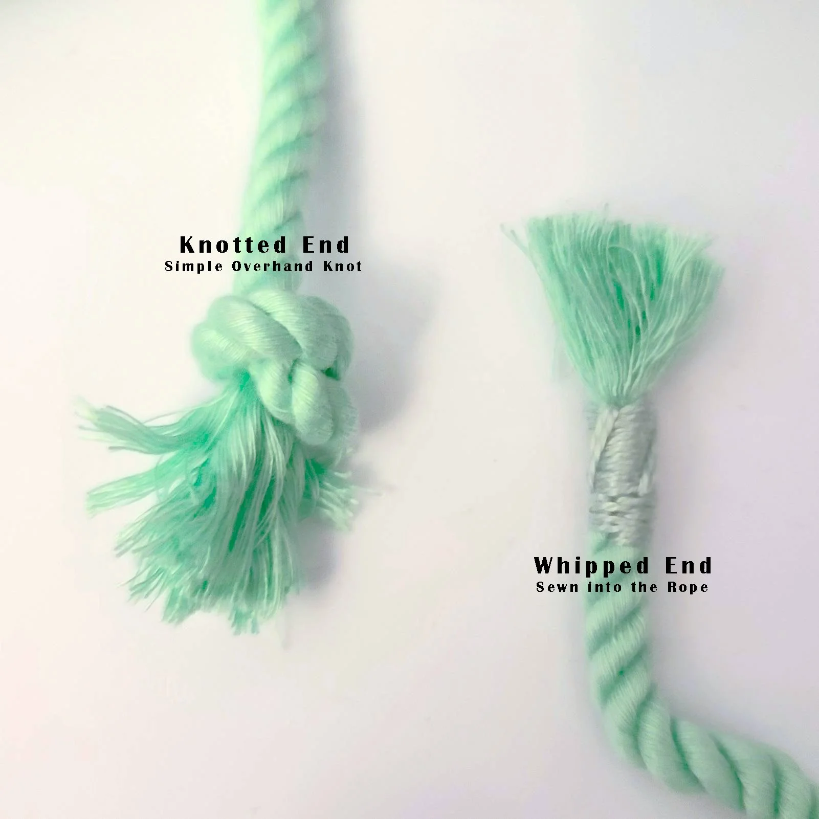 The piece of rope on the left shows the knotted end. The rope on the right shows the whipped end. The color of the rope will match the item description.