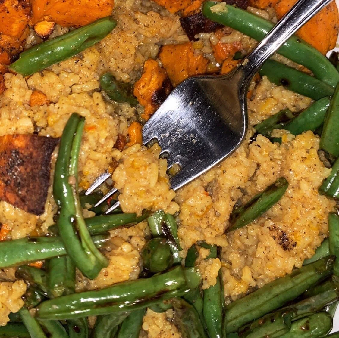 Saffron rice with cardamom sweet potatoes and green beans