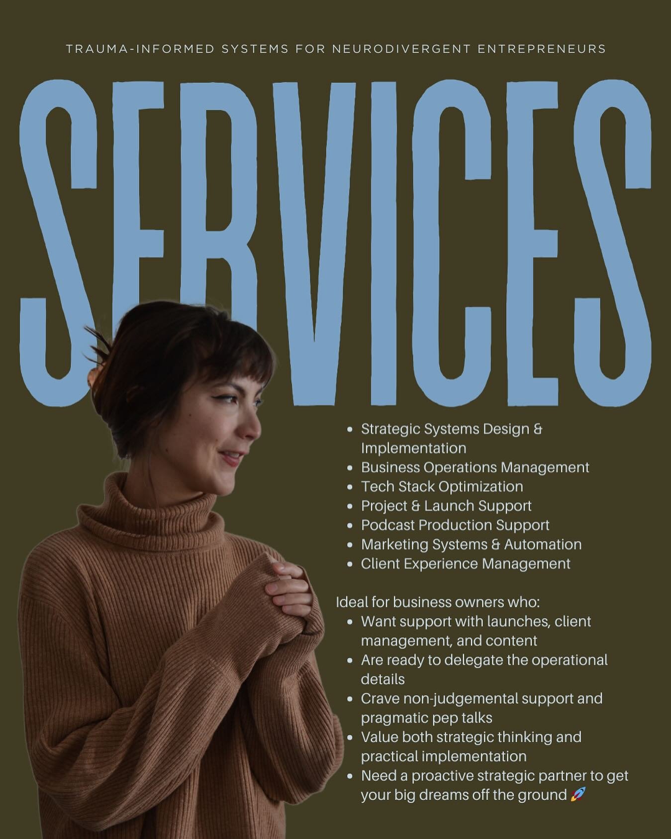 Trauma-informed systems for neurodivergent entrepreneurs 👩🏻&zwj;💻

* Strategic Systems Design &amp; Implementation
* Business Operations Management
* Tech Stack Optimization
* Project &amp; Launch Support
* Podcast Production Support
* Marketing S