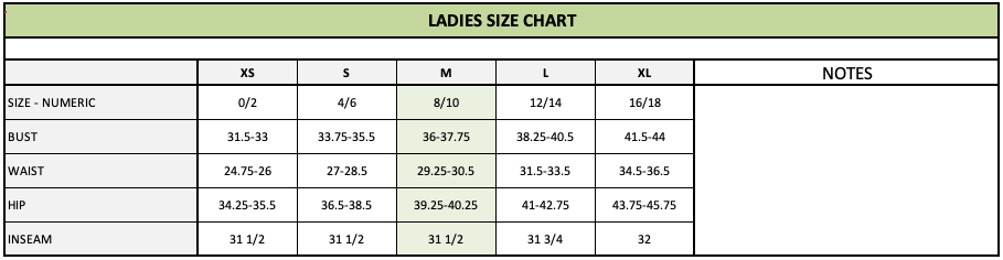 Garment Grading Chart