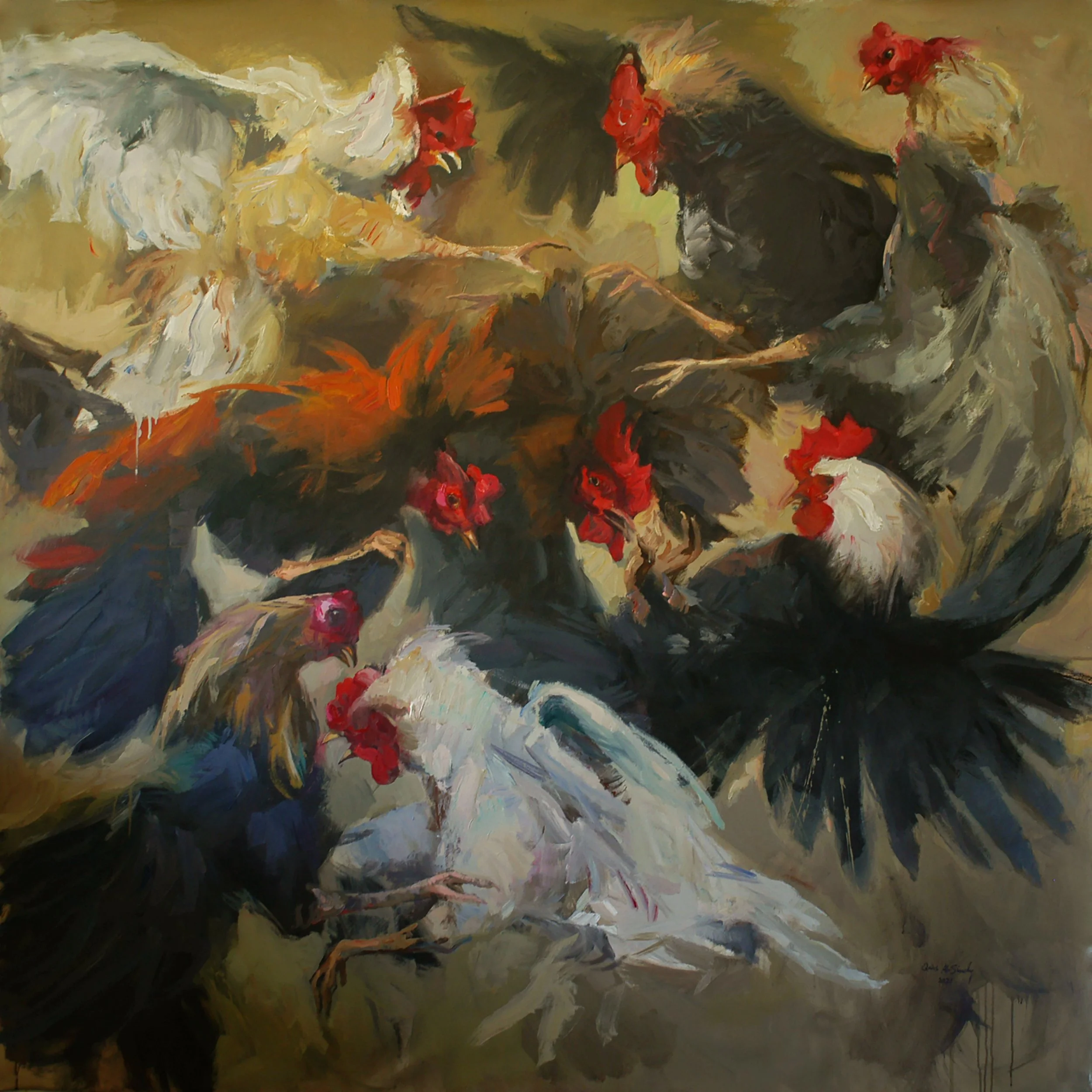 34-Clash of roosters 84x84 inches. Acrylic on canvas..jpeg