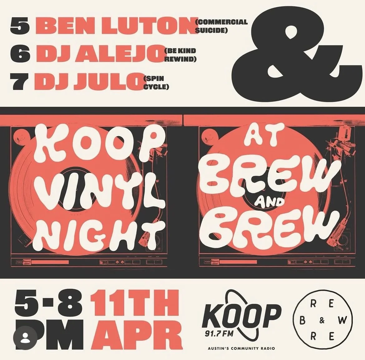 Coming this Saturday! KOOP DJ&rsquo;s Ben Luton (Commercial
Suicide), DJ Alejo (Be Kind Rewind), and DJ Julo (Spin Cycle) will be spinning an all-vinyl set at Brew and Brew. Start your night on a great patio at our newest DJ Residency on San Marcos S