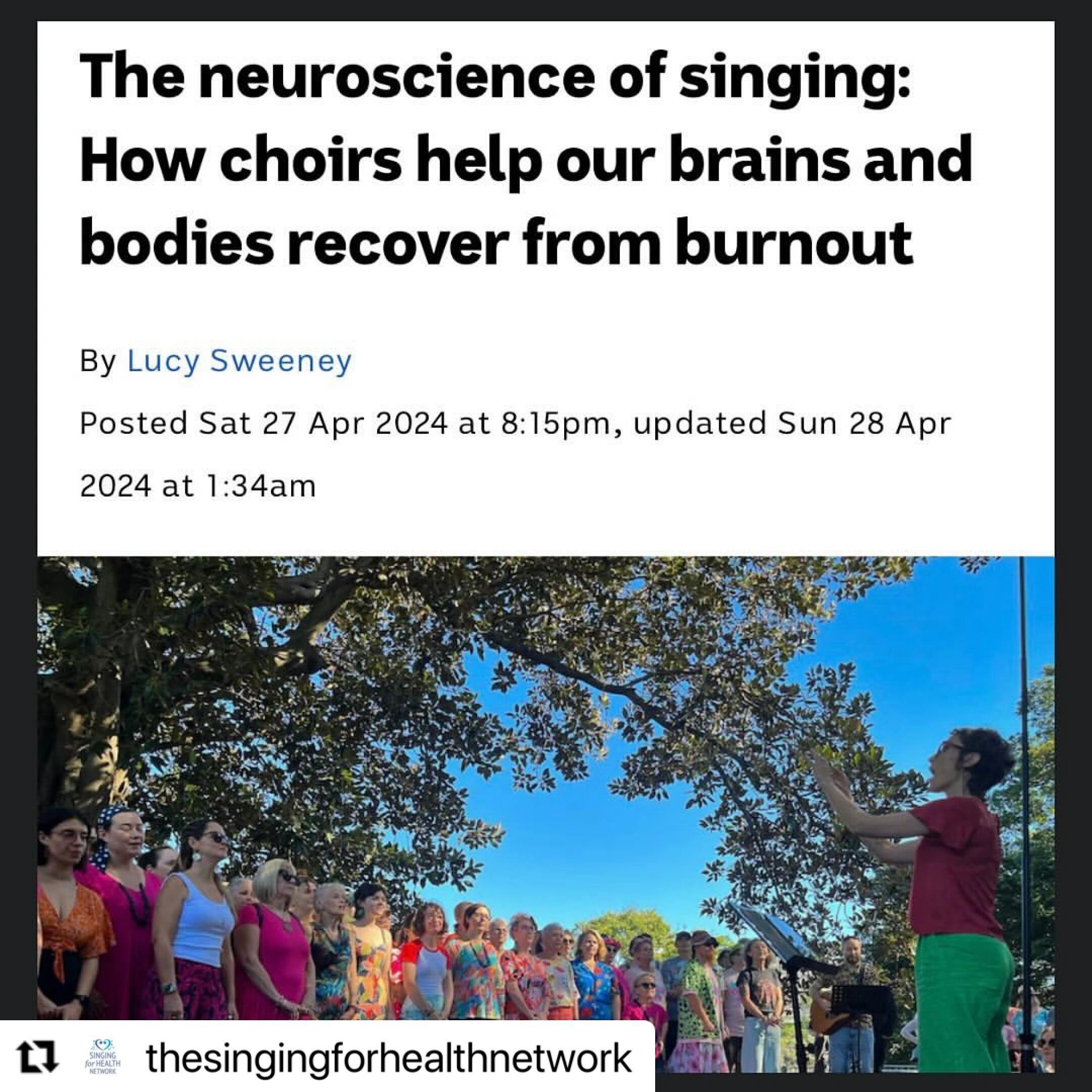 #Repost @thesingingforhealthnetwork 
・・・
It was wonderful to see the coverage given to the multiple health, social and emotional benefits of group singing in this article from @abcnews_au 

The article explores in detail the potential healing and rec