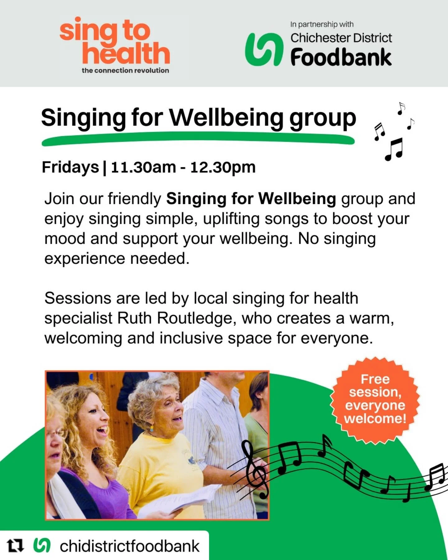 #Repost @chidistrictfoodbank with @use.repost
・・・
We&rsquo;re launching a new Singing for Wellbeing group! 🎶

Join us for friendly sessions - no experience needed. Just come along, sing uplifting songs, and enjoy a positive, supportive space that bo
