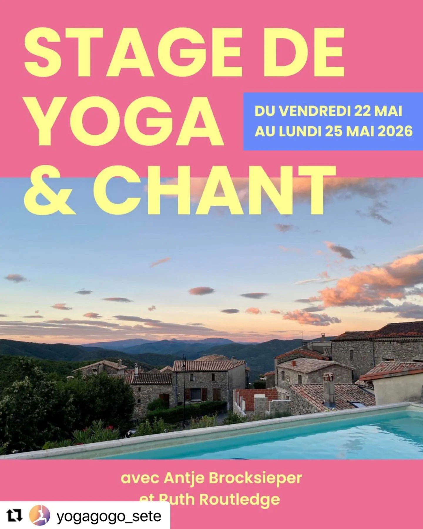 Who needs a break to recharge, relax &amp; reconnect?
Join me (singing 🎶) and @yogagogo_sete (yoga 🧘) for this weekend in May.
💛Singing &amp; Yoga Retreat in the Cevennes nr Montpellier, Nimes in the South of France 🇫🇷 ☀️ 

📆 22-25 May

📍@laso