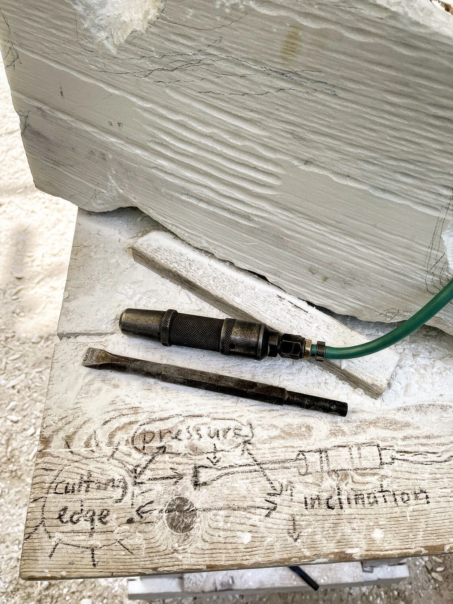 Pressure / Inclination / Cutting Edge ~ (PIC)

The fundamental elements of the proper use of the air hammer and chisel. 

The air hammer use is not about power and strength, there is no strain in its function.  PIC does the work for you! Just relax a