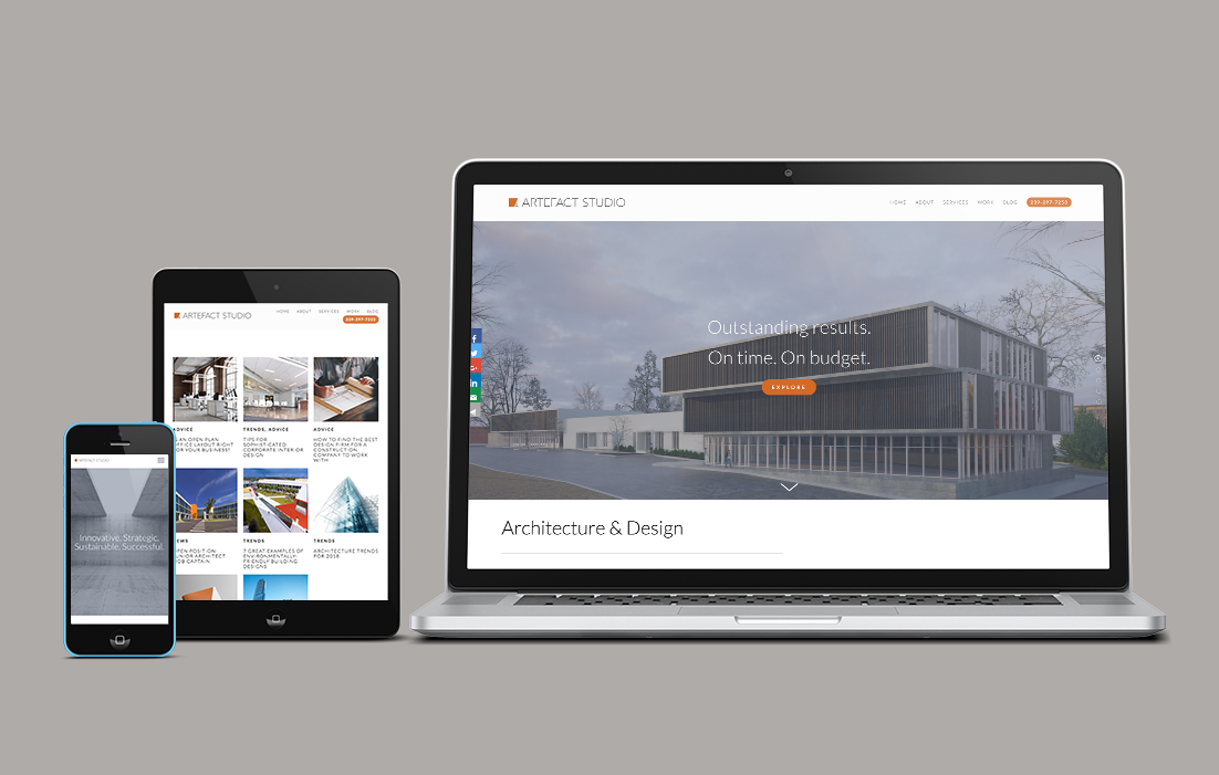 Device mockup of ARTEFACT studio website.