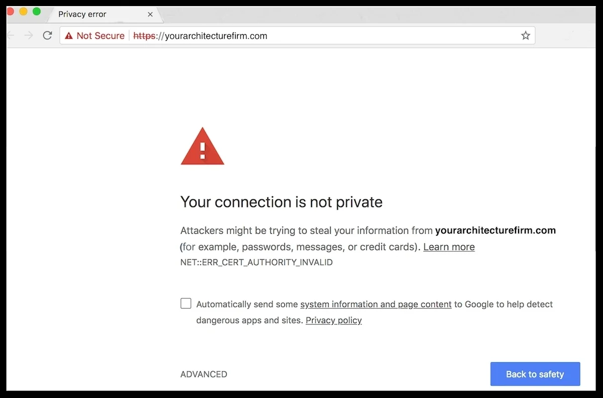 Screenshot of No SSL Certificate Alert
